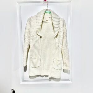 Girls cowl neck cream cardigan.Gold tinsel detail. Sheep fuzzy sleeves w/pockets